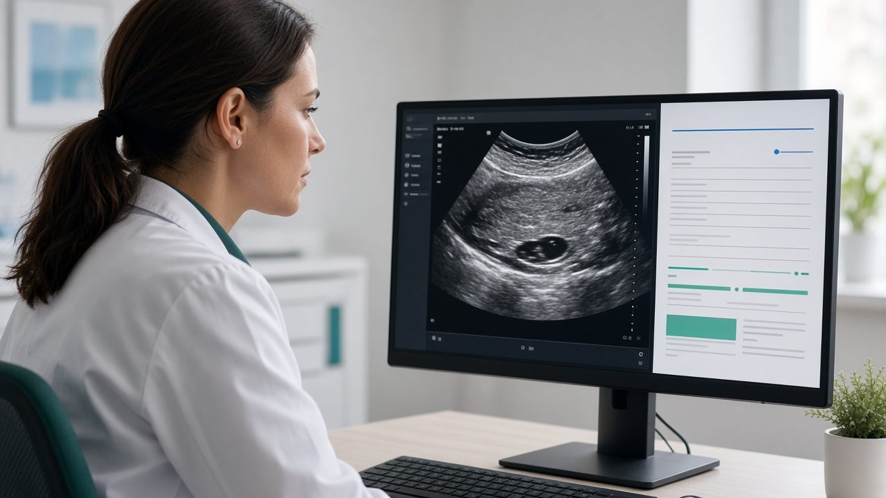 Médica radiologista analisando imagens de ultrassonografia no computador