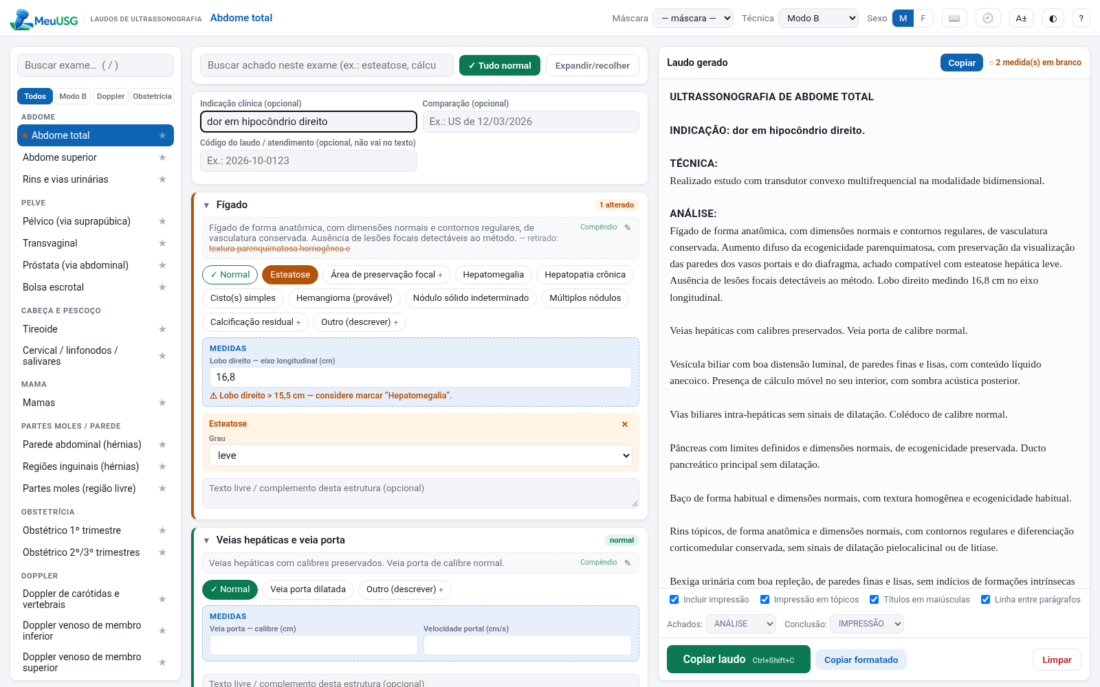 Tela do MeuUSG — laudo de US de abdome total
